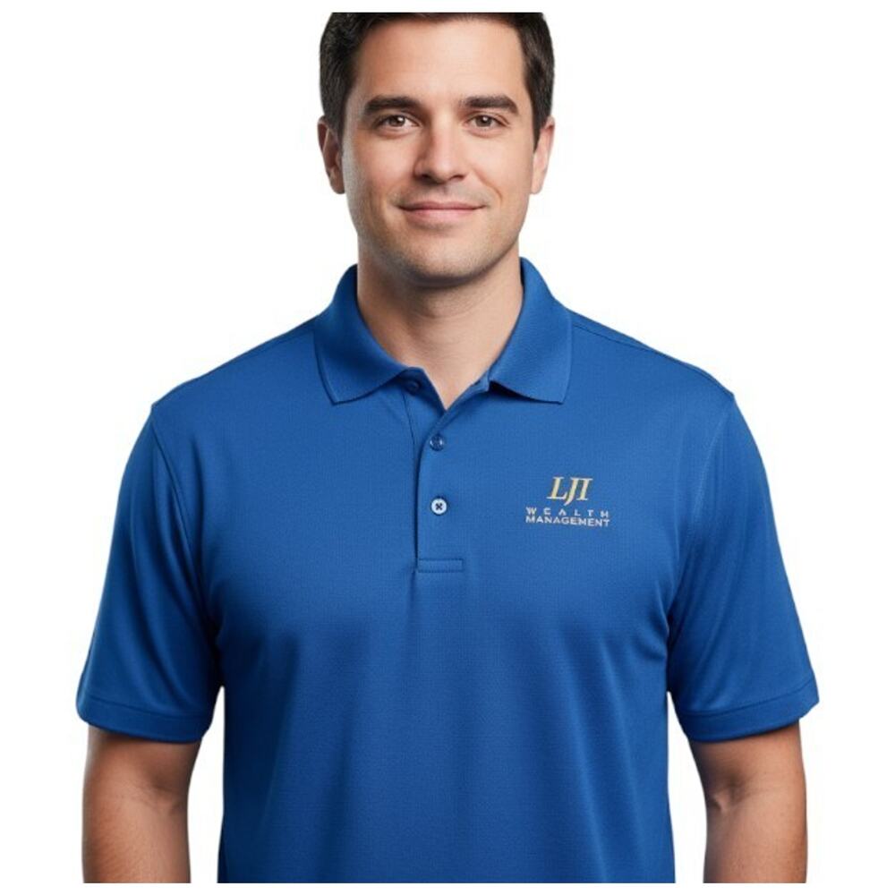 NWT Devon & Jones Men’s LARGE CrownLux Polo Blue LJI Wealth Management Logo Golf